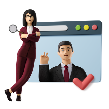 woman recruiter leaning on browser window with man showing v sign inside PNG, SVG