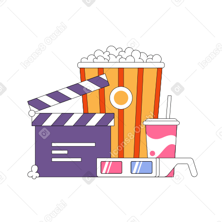 Popcorn with soda pop cinematic clapper and 3D glasses  Illustration in PNG, SVG