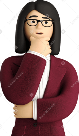 3D pondering businesswoman in red suit looking up Illustration in PNG, SVG
