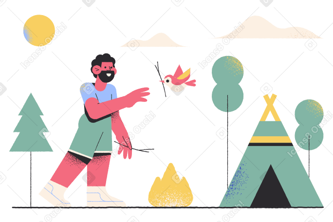 Camper building a campfire with the help of bird PNG, SVG