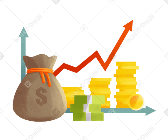 Money bag with coins and banknotes and diagram PNG, SVG