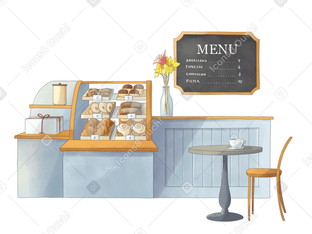 Cozy coffee shop with pastries PNG, SVG