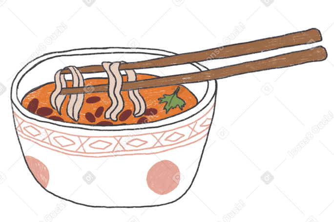 Sopa con fideos en un plato blanco y dos palos PNG, SVG