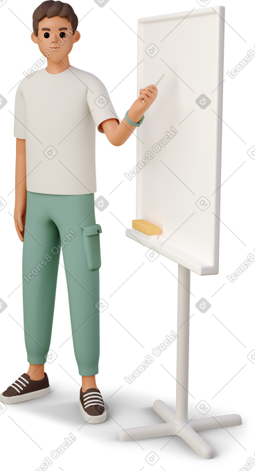 Young man explaining lesson material standing next to whiteboard PNG, SVG