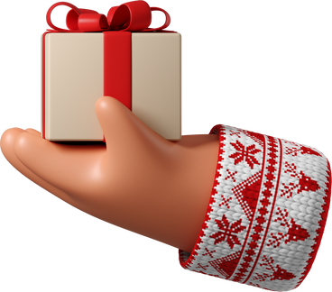 Mano de piel bronceada en suéter blanco con patrón navideño sosteniendo caja de regalo PNG, SVG