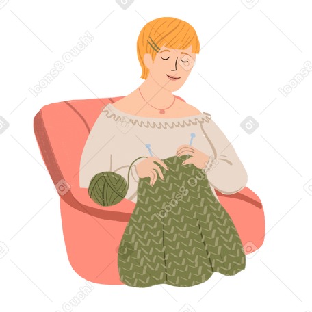 Blond woman knitting in a chair PNG, SVG