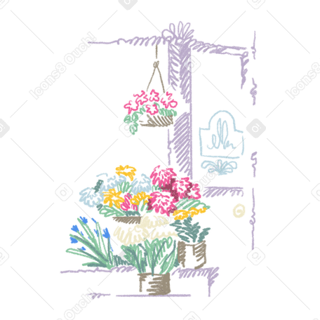 Цветочный магазин с букетами и табличкой на двери в PNG, SVG