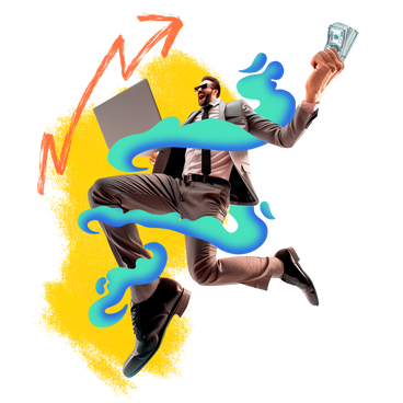 Бизнесмен прыгает в воздух с ноутбуком и деньгами в PNG, SVG