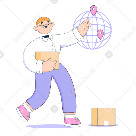 Man is pointing on the globe where to deliver the box PNG, SVG