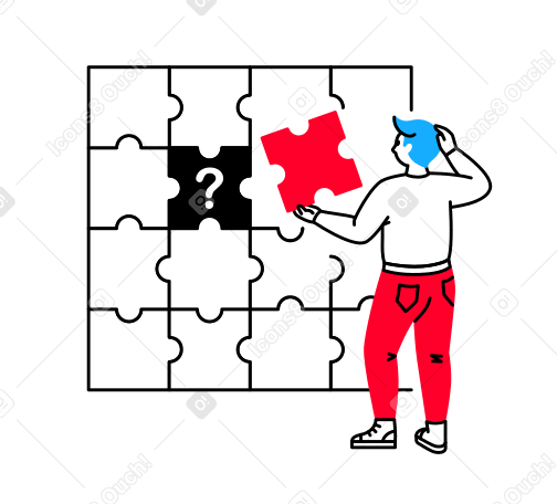 男はパズルの最後のピースを持ち上げて、頭を思慮深く引っ掻きます PNG、SVG
