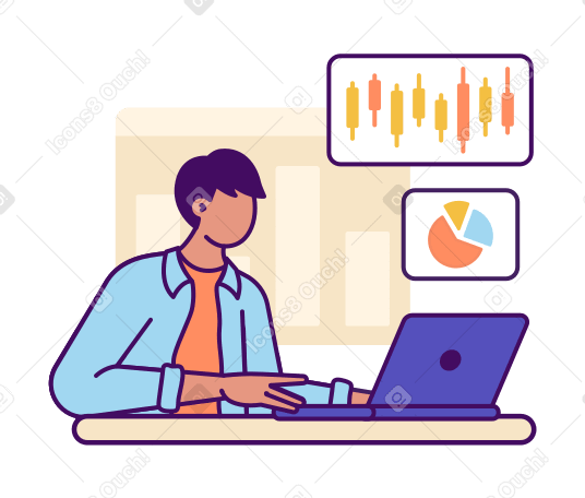 Stock trader working on laptop with charts animated illustration in GIF, Lottie (JSON), AE