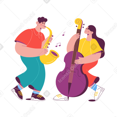 Man with a saxophone and a woman with a double bass play music Illustration in PNG, SVG