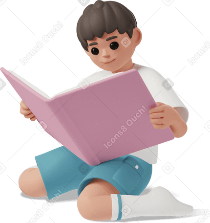 3D boy sitting on knees and reading book Illustration in PNG, SVG