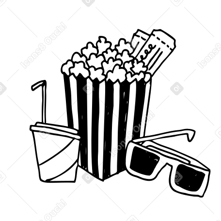 Palomitas con bebida, entradas de cine y gafas 3d. PNG, SVG