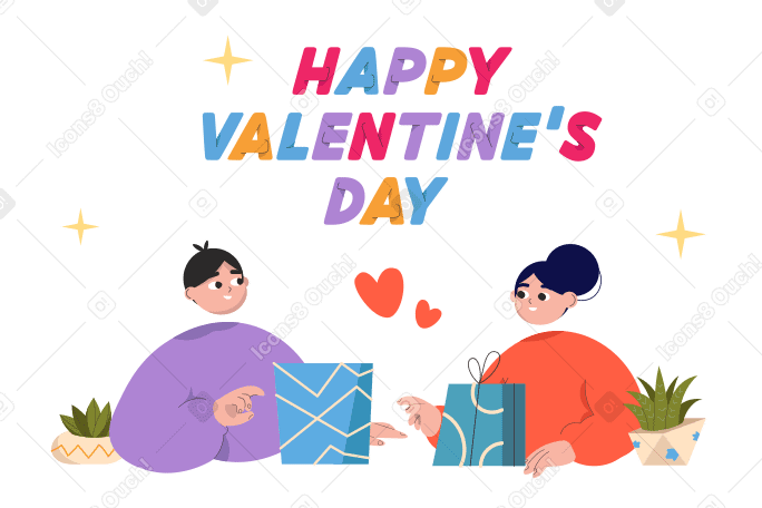 Happy Valentine's Day text over the couple in love with gifts PNG, SVG