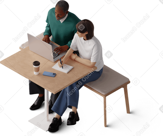 3D isometric view of man and young woman working PNG, SVG