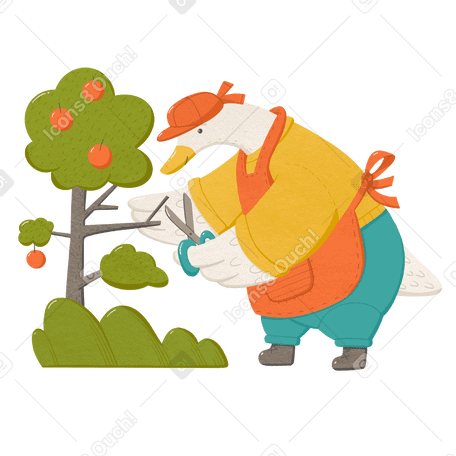 Goose leads an environmental lifestyle and grows apple trees in the orchard Illustration in PNG, SVG