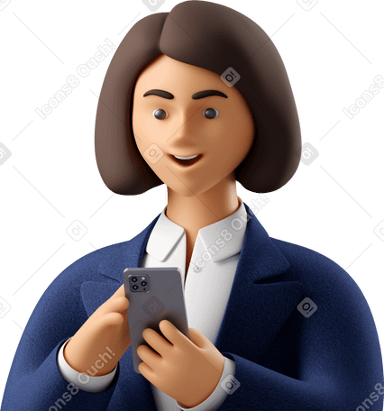 3D close up of businesswoman in blue suit looking at phone Illustration in PNG, SVG