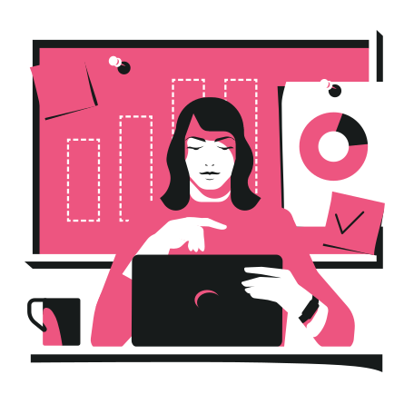 Женщина-маркетолог работает на ноутбуке с аналитической доской на заднем плане в PNG, SVG