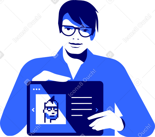man is holding a tablet with an nft picture on the screen Illustration in PNG, SVG
