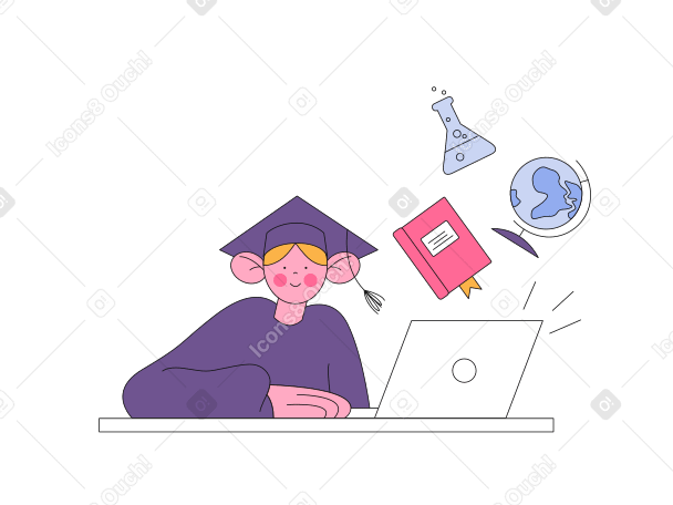 Online academy graduate with laptop in mantle Illustration in PNG, SVG
