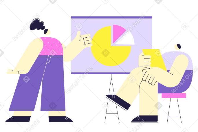 Coworkers discussing pie chart on projector screen PNG, SVG