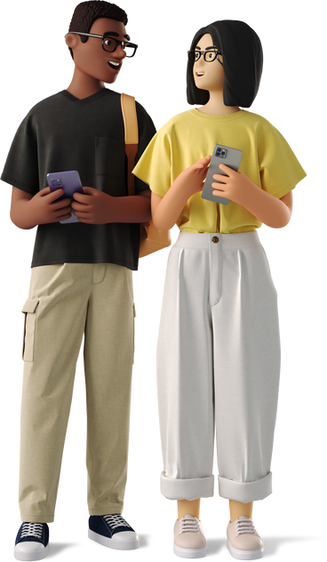 Man and woman students with phones в PNG, SVG