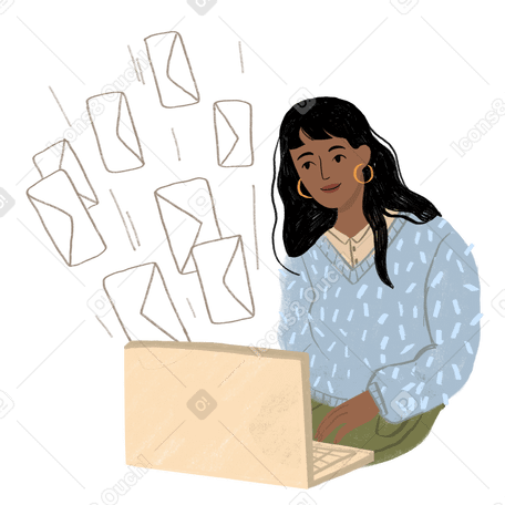 Девушка отправляет рекрутинговые письма на ноутбуке в PNG, SVG