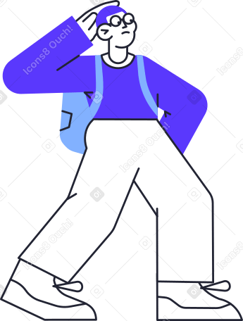 man in blue sweater with backpack and hand on his head standing Illustration in PNG, SVG