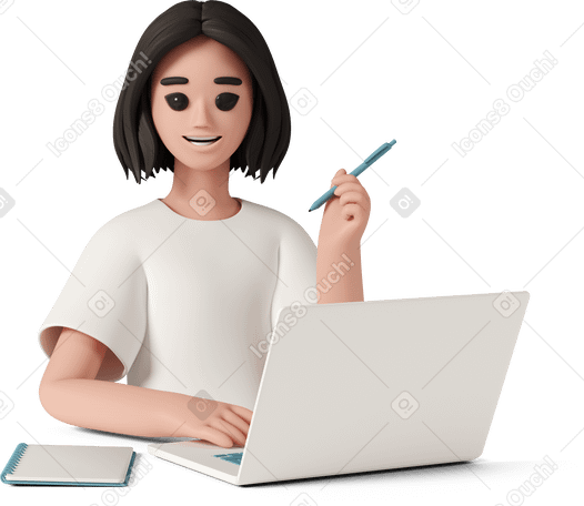 3D young smiling woman working at laptop Illustration in PNG, SVG