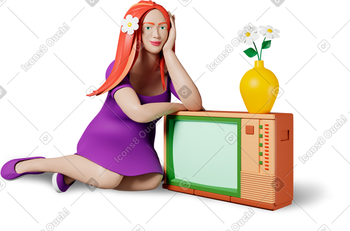 3D 有电视和花瓶里的花的女人 PNG, SVG