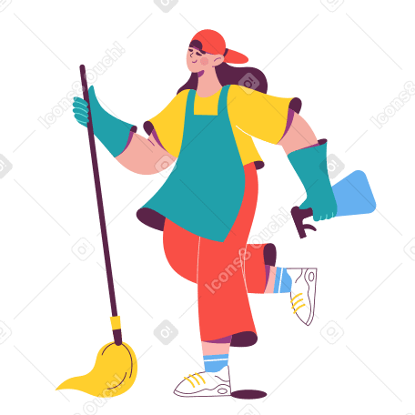 Woman with a broom in an apron and gloves does cleaning Illustration in PNG, SVG
