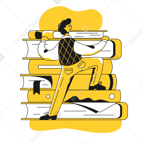 Student climbing on giant book pile Illustration in PNG, SVG
