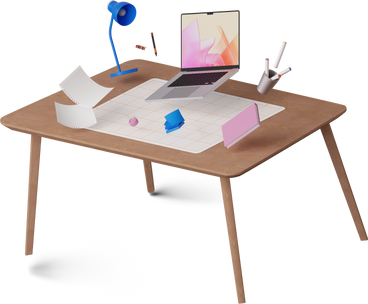 Isometric view of levitating office desk with laptop and documents PNG, SVG