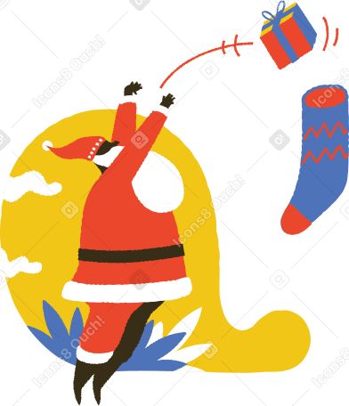 Санта бросает подарок в носок в PNG, SVG