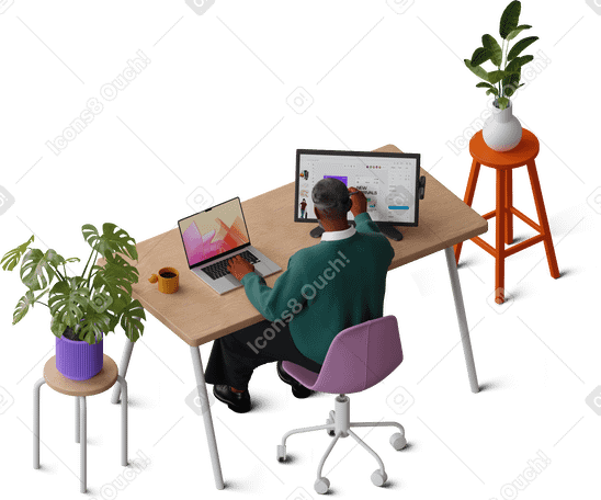 3D isometric view of man working on graphic tablet PNG, SVG