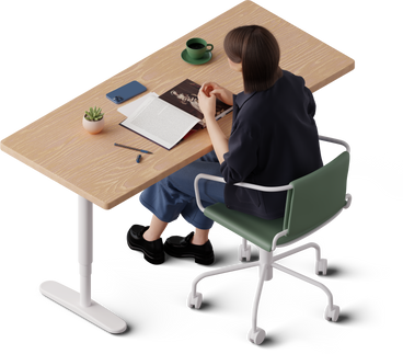 isometric view of young girl sitting at the table and reading book PNG, SVG