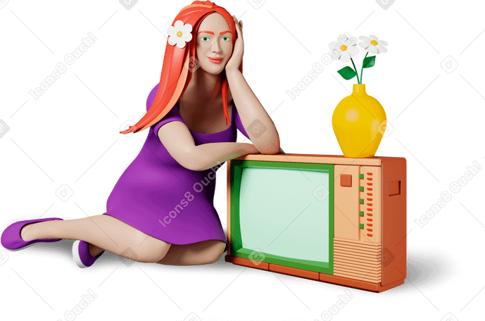 3D girl with tv Illustration in PNG, SVG