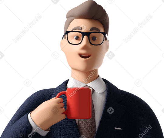 3D close up of businessman in dark blue suit with coffee mug Illustration in PNG, SVG