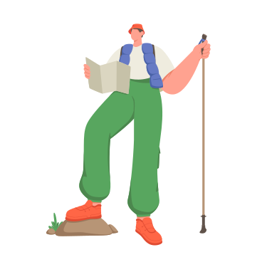 Hiker with walking pole looking at map PNG, SVG