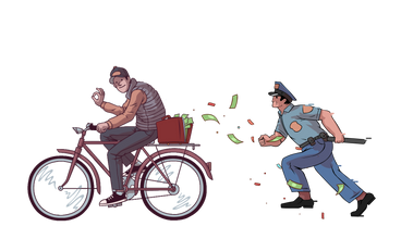 Dieb fährt mit geld von polizist mit fahrrad davon PNG, SVG