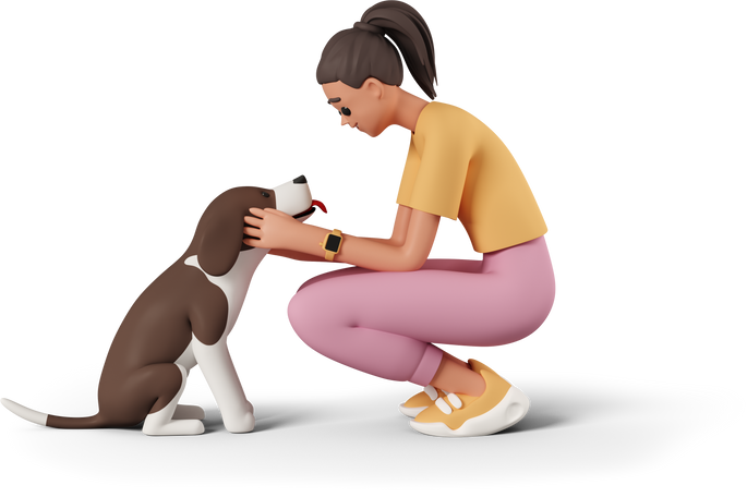 young woman squatting and petting dog Illustration in PNG, SVG