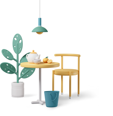 Интерьер кухни с растением, лампой, столом, стулом, ведром и сервизом в PNG, SVG