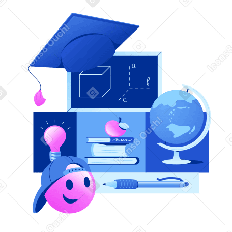 Graduate hat with chalk board, globe, pen and books Illustration in PNG, SVG