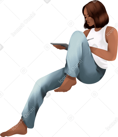 Young woman sitting with a tablet in her hands Illustration in PNG, SVG