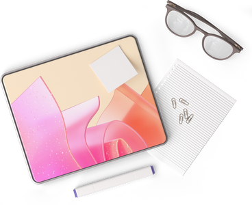 top view of tablet, glasses, sheet of paper, marker, sticky note, and some paper clips PNG, SVG
