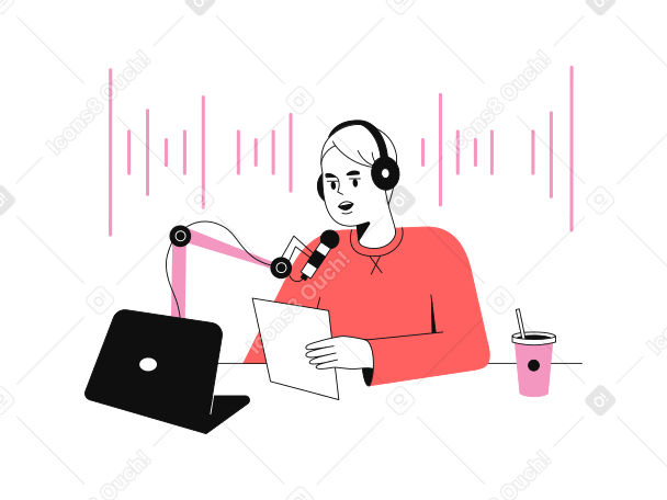 Ilustraciones Hombre presentando un podcast mientras lee las noticias en PNG y SVG