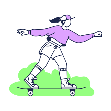スケートボードに乗ってスポーティな女性 のアニメーションイラスト、GIF、Lottie (JSON)、AE