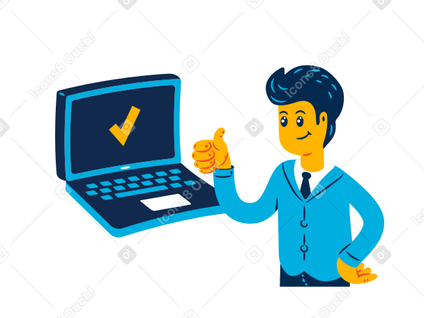 Businessman showing thumbs up next to tick on screen PNG, SVG