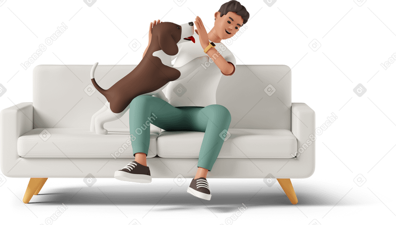 3D Man playing with dog on the couch Illustration in PNG, SVG